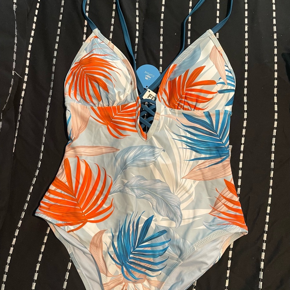 NWT Women’s Cupshe Tropical Lace-Up One-Piece Swimsuit - Blue, Orange & Peach